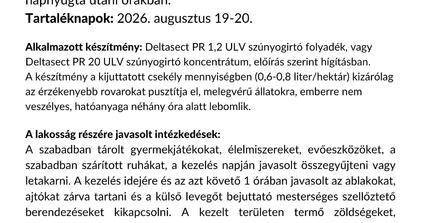 Tájékoztató földi szúnyoggyérítésről - 2026. augusztus